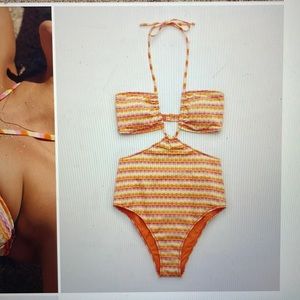 Aerie Striped Jacquard Cut Out Halter One piece swimsuit